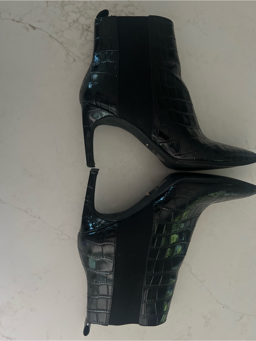 42 Gold Black Croc Embossed Chelsea Ankle Boots Pointed Toe Stiletto Heel 11 - Picture 6 of 13